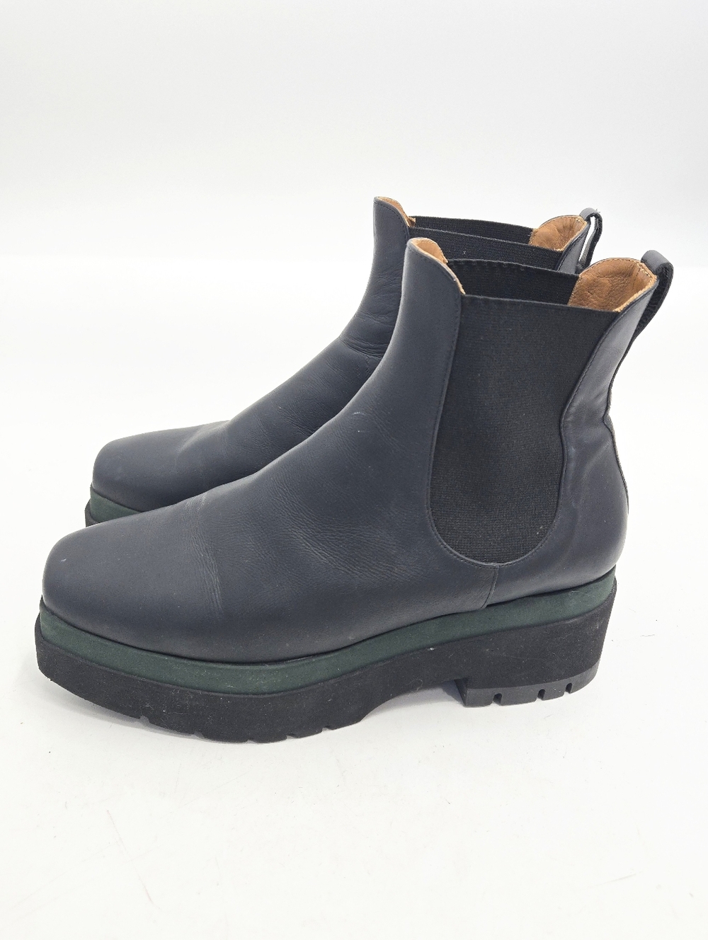 COCLICO Black Leather Chelsea Platform Ankle Boots with Green Accent - Picture 4 of 14